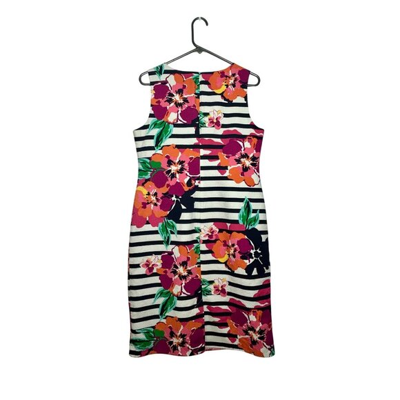 Talbots | Floral Stripe Sheath Dress | Navy Multicolor Cotton | Size 10 Midi - Picture 2 of 10
